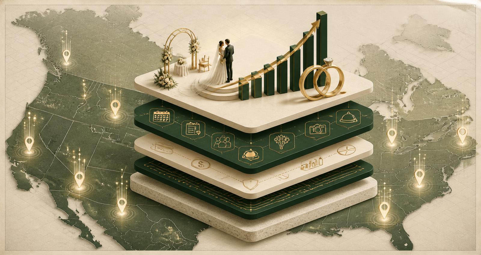 Editorial isometric illustration of a layered wedding technology stack over a North American map with glowing city-level nodes, a rising revenue bar chart, and gold wedding rings