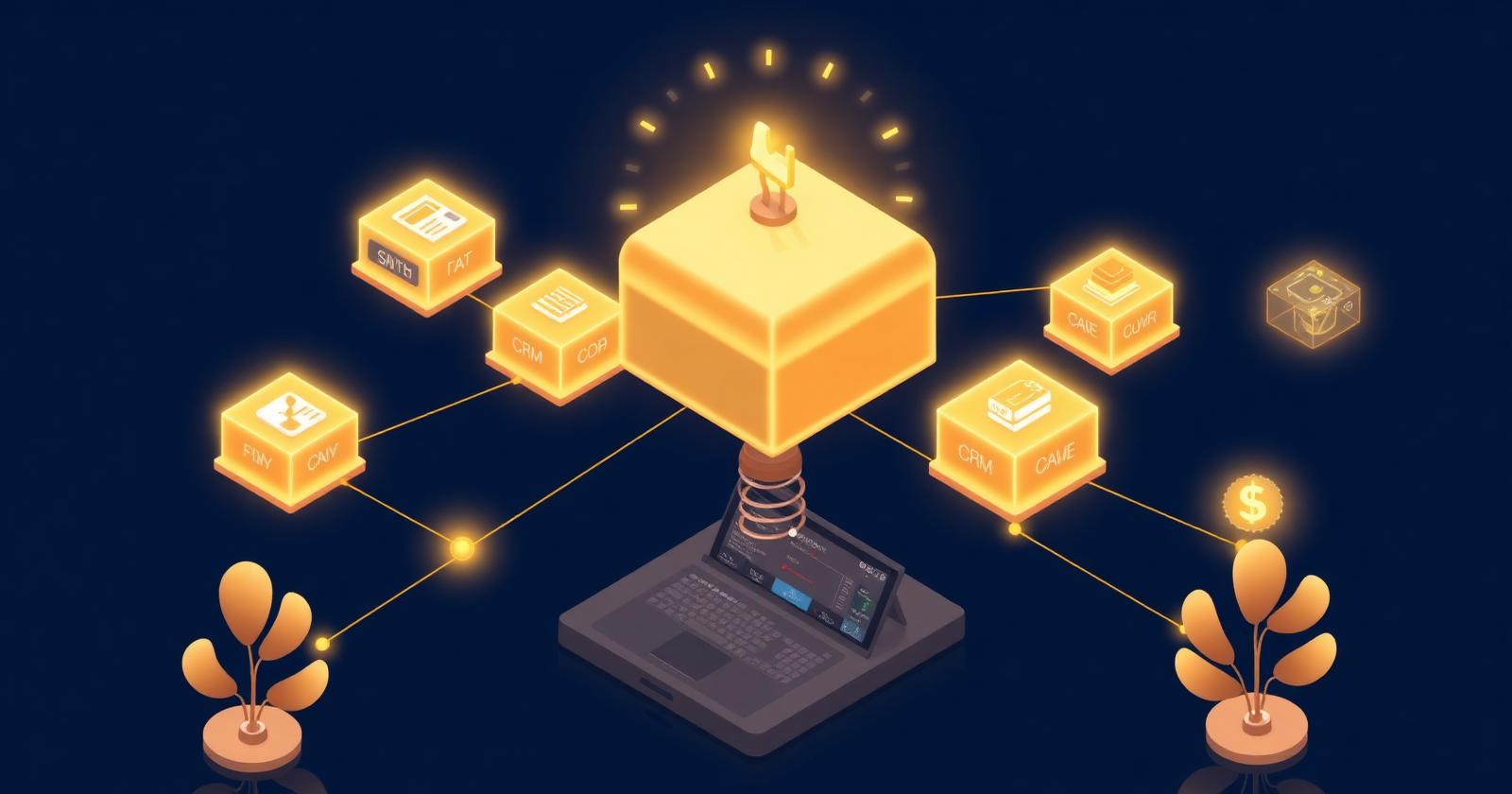 Editorial isometric illustration of an AI agent network orchestrating wedding SaaS tools — CRM, contracts, venue booking, payments — with glowing gold nodes connecting floating platform blocks above a wedding planner's control dashboard, on a dark navy background with gold and rose accents