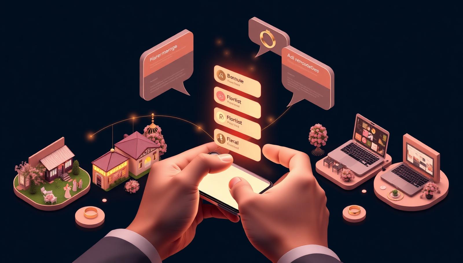 Editorial isometric illustration of a couple's hands holding a smartphone with AI chat bubbles ranking wedding vendors — venue, florist, photographer — connected by rose-gold data lines to miniature isometric scenes of a boutique venue with a garden, a floral studio and a planner dashboard on a dark navy background
