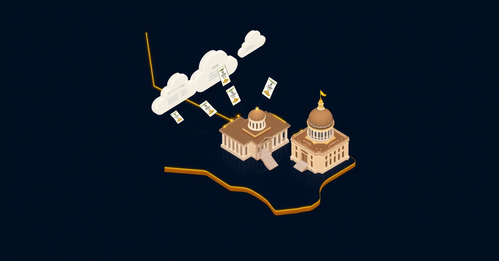 Editorial isometric illustration of the California state outline glowing gold, with a wedding SaaS dashboard hovering above and tax receipts flowing from cloud icons into a state capitol building on a dark navy background with gold and rose accents