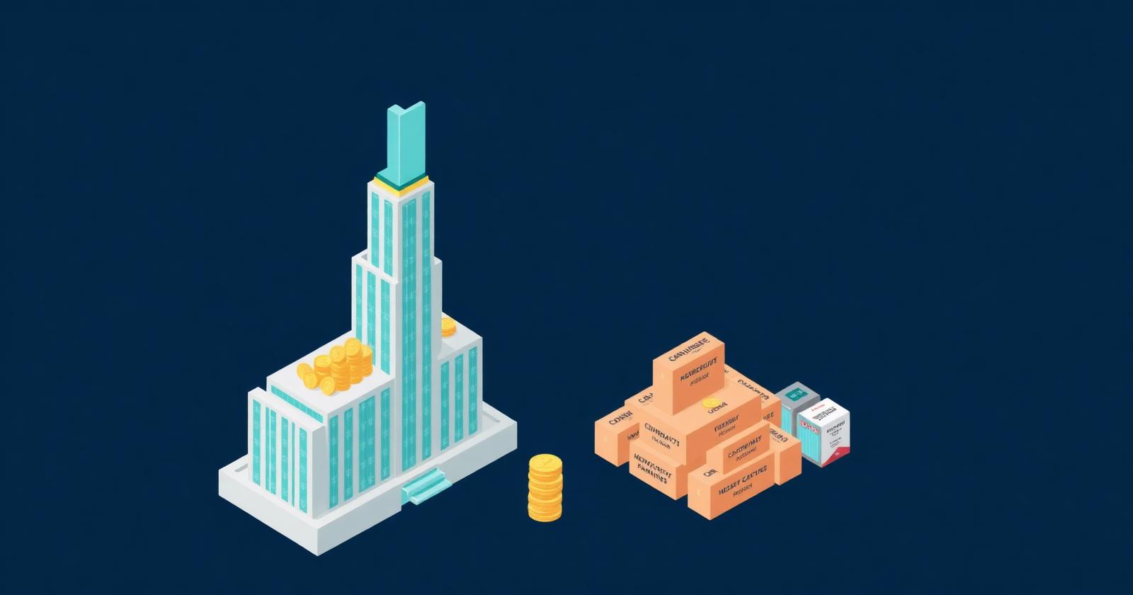 Editorial isometric illustration of a Canva skyscraper funded by a war chest of gold coins extending an acquisition bridge toward a stack of wedding technology software blocks — CRM, contracts, seating charts, and payments — on a dark navy background with gold and rose accents