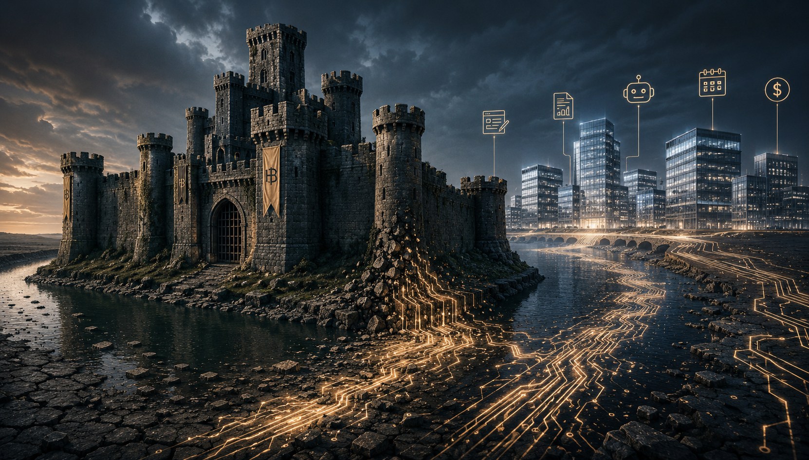 A crumbling stone castle beside a modern glass city skyline, with glowing gold data pathways flowing out of the castle walls toward the new towers and their contract, AI, calendar and payment icons