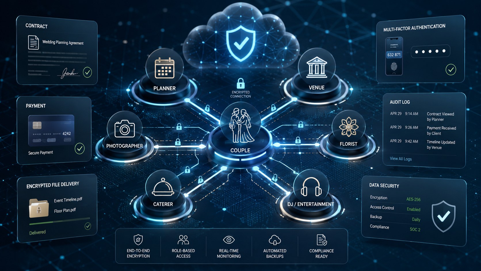 Dark blue technical diagram of a wedding vendor network — planner, venue, photographer, florist, caterer and DJ nodes linked to a central couple node by encrypted connections, surrounded by contract, payment, multi-factor authentication, audit log and data security panels