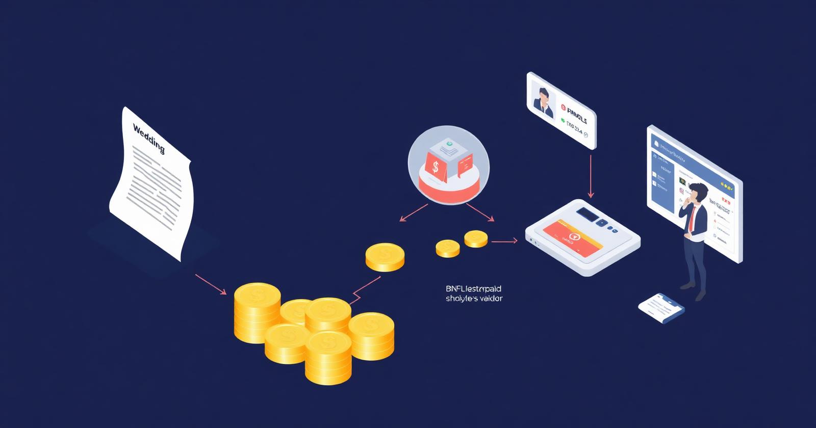 Editorial isometric illustration of a wedding contract transforming into a stream of gold coins flowing through a fintech platform hub out to a vendor dashboard, with rose-gold BNPL installment cards representing the financial infrastructure powering the wedding industry