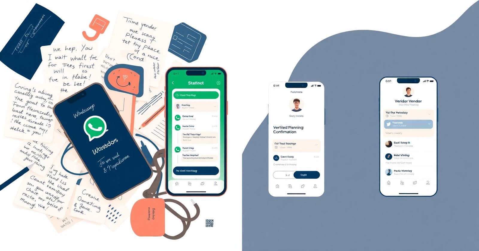 Split editorial illustration showing fragmented informal wedding vendor coordination — handwritten notes, business cards, WhatsApp on a phone — on the left, and a structured digital wedding planning platform with a verified vendor profile, booking confirmation and planning timeline on the right, representing India's wedding tech market bifurcation