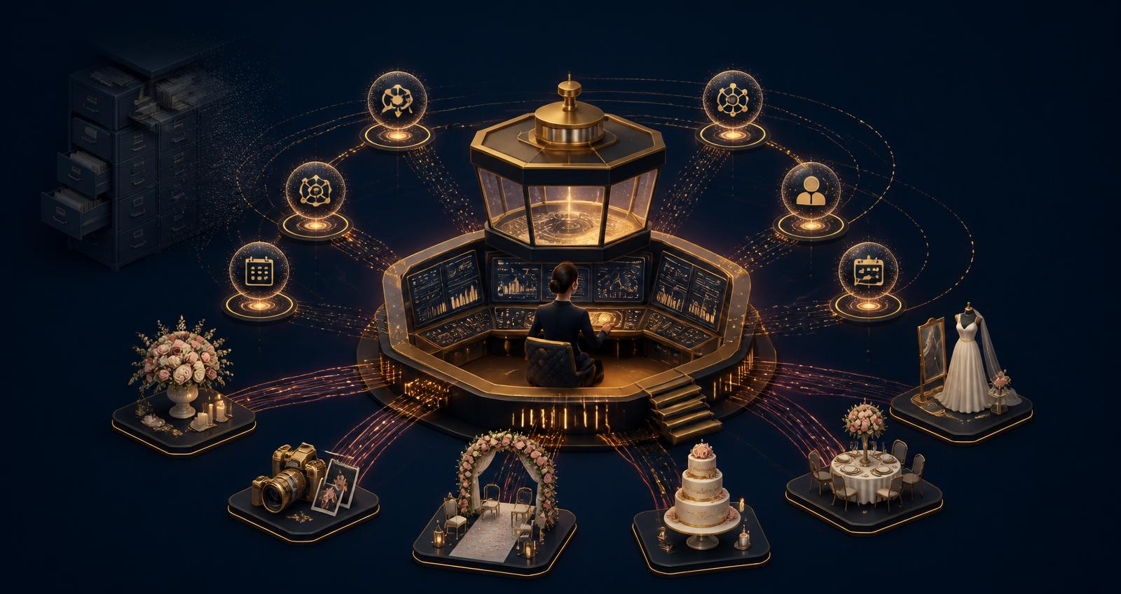 Editorial isometric illustration of a golden wedding-industry control tower with a single operator supervising orbiting AI agent nodes connected to florist, photographer, catering, venue, and bridal vendor platforms, with a dark filing cabinet fading into the background