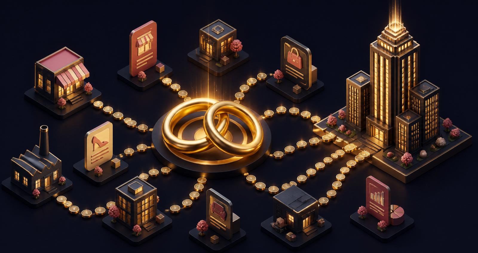 Editorial isometric illustration of wedding technology M&A — two interlocking gold wedding rings at the center of a platform network, gold coin chains flowing between wedding-tech platform nodes and a corporate acquirer skyscraper, on a dark navy background with gold and rose accents
