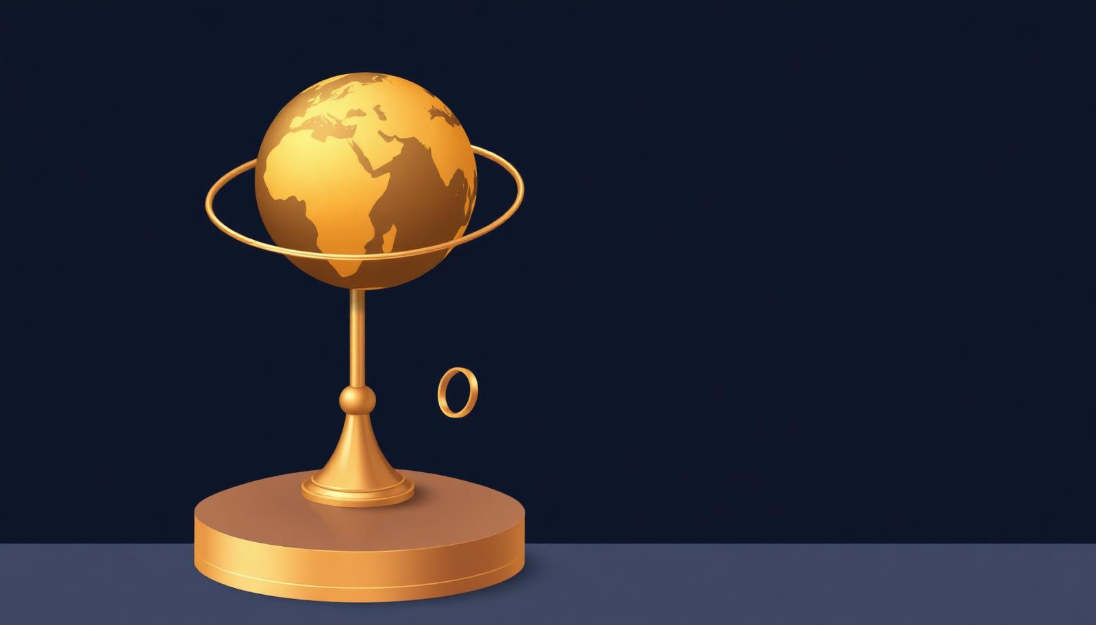 Isometric editorial illustration of a golden globe on a pedestal encircled by a gold wedding ring against a dark navy background — symbolizing Weddings.io Technologies' commitment to global Purchasing Power Parity pricing