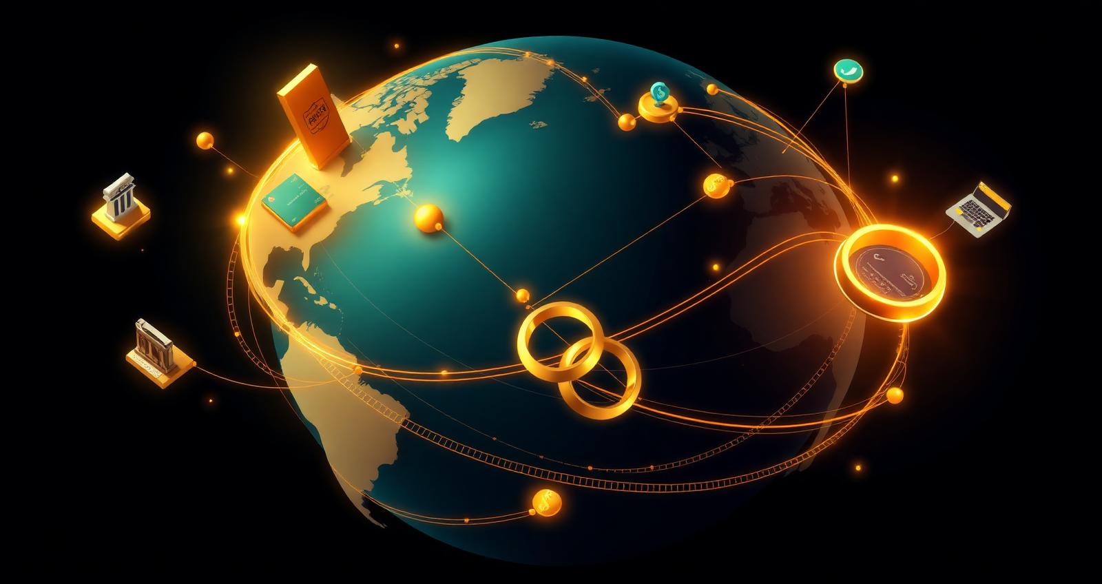 Editorial isometric illustration of a globe wrapped in golden cross-border payment rails and interconnected currency streams, with bank, wallet, and card nodes linked to a central hub on a dark navy background